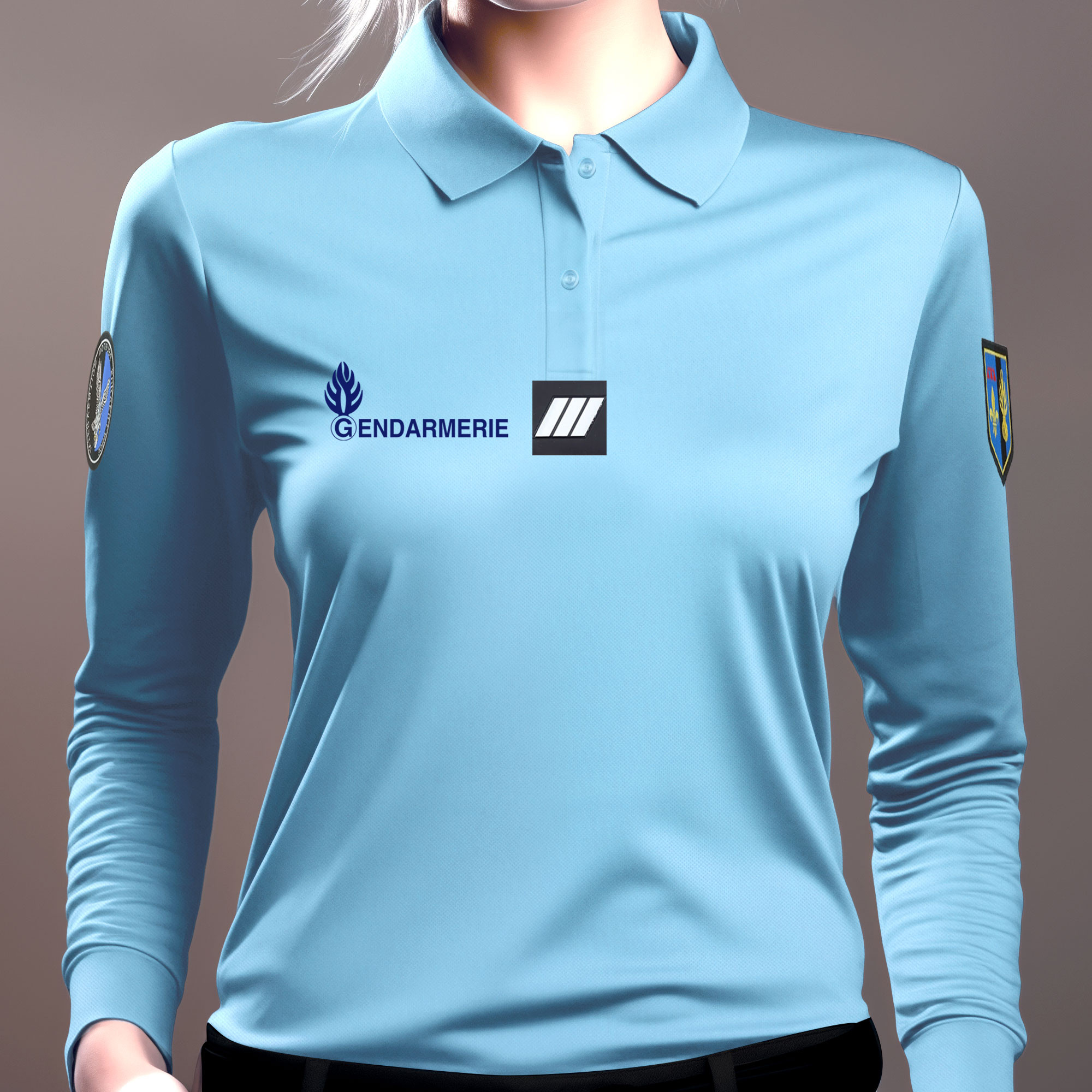 Polo bleu femme Gendarmerie manches longues Cooldry maille piquee