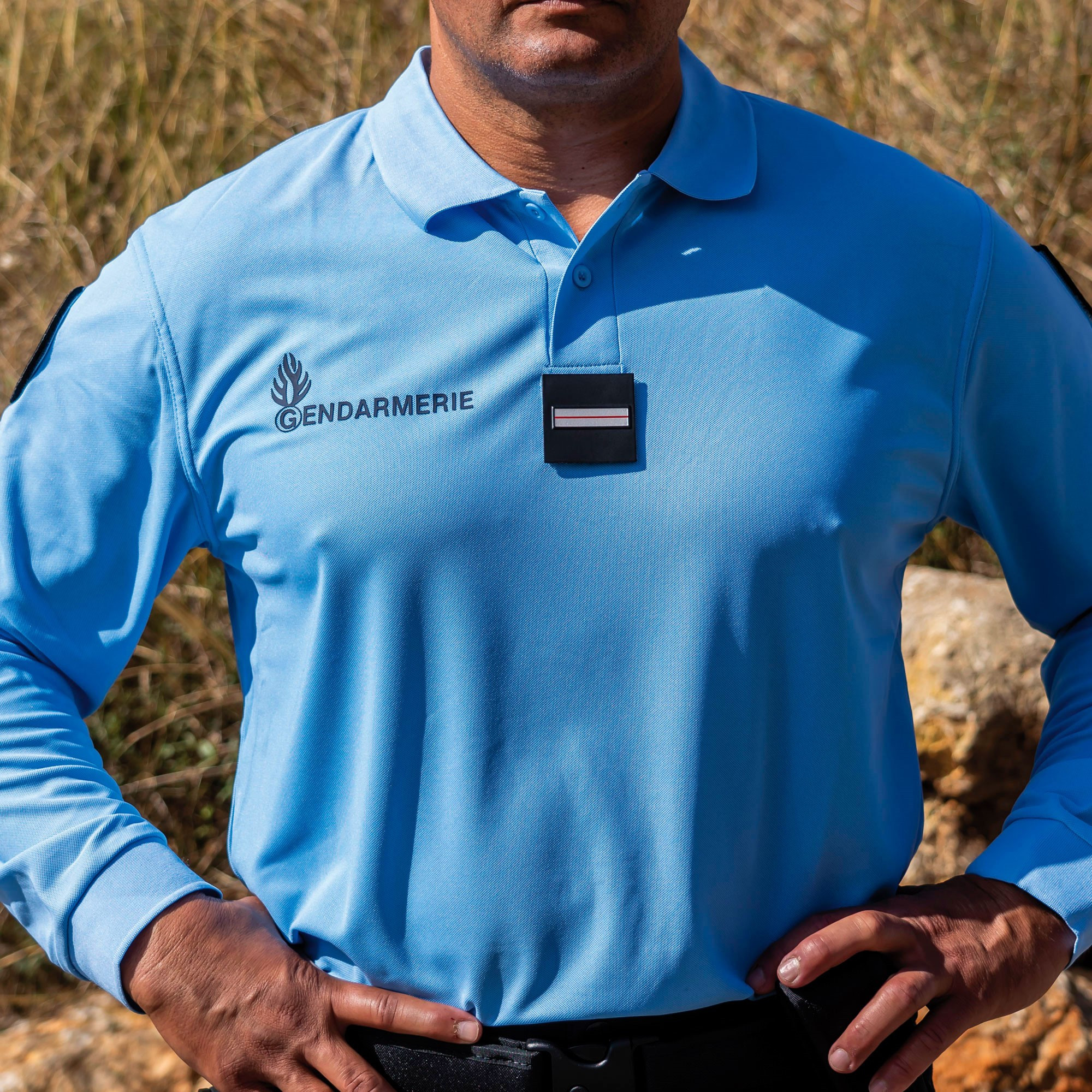 Polo bleu manches longues Gendarmerie Cooldry maille piquee